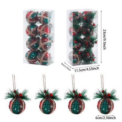 8Gb Sarkana, zaļa rūtainu raksta Ziemassvētku bumbiņas ar priežu čiekuru vilnas dekoru piekarināmas bumbiņas Zemniecisks Ziemassvētku eglīšu rotājumu kulons