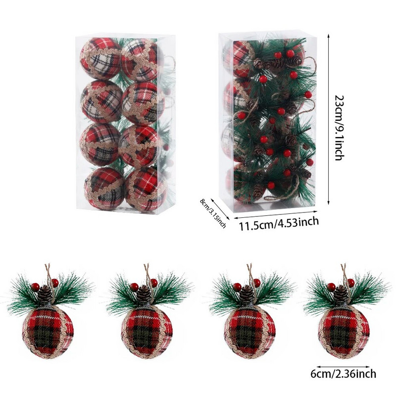 8Gb Sarkana, zaļa rūtainu raksta Ziemassvētku bumbiņas ar priežu čiekuru vilnas dekoru piekarināmas bumbiņas Zemniecisks Ziemassvētku eglīšu rotājumu kulons