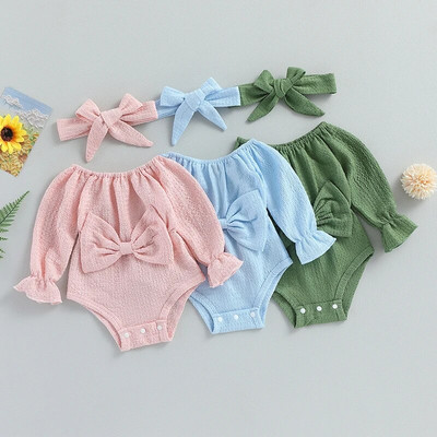 Minunate de toamnă pentru sugari băieți fete body haine solide cu umăr cu mânecă lungă cu bowknot salopete playsuits ținute bentita