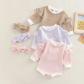 Prekrasan jesenski pulover za novorođenčad za djevojčice Odjeća 3 boje Prugasti print s volanima Pleteni kombinezoni dugih rukava Traka za glavu