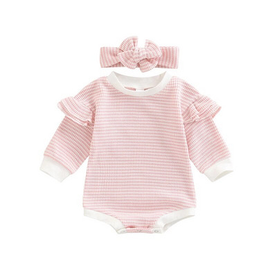 Prekrasan jesenski pulover za novorođenčad za djevojčice Odjeća 3 boje Prugasti print s volanima Pleteni kombinezoni dugih rukava Traka za glavu