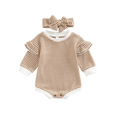 Prekrasan jesenski pulover za novorođenčad za djevojčice Odjeća 3 boje Prugasti print s volanima Pleteni kombinezoni dugih rukava Traka za glavu