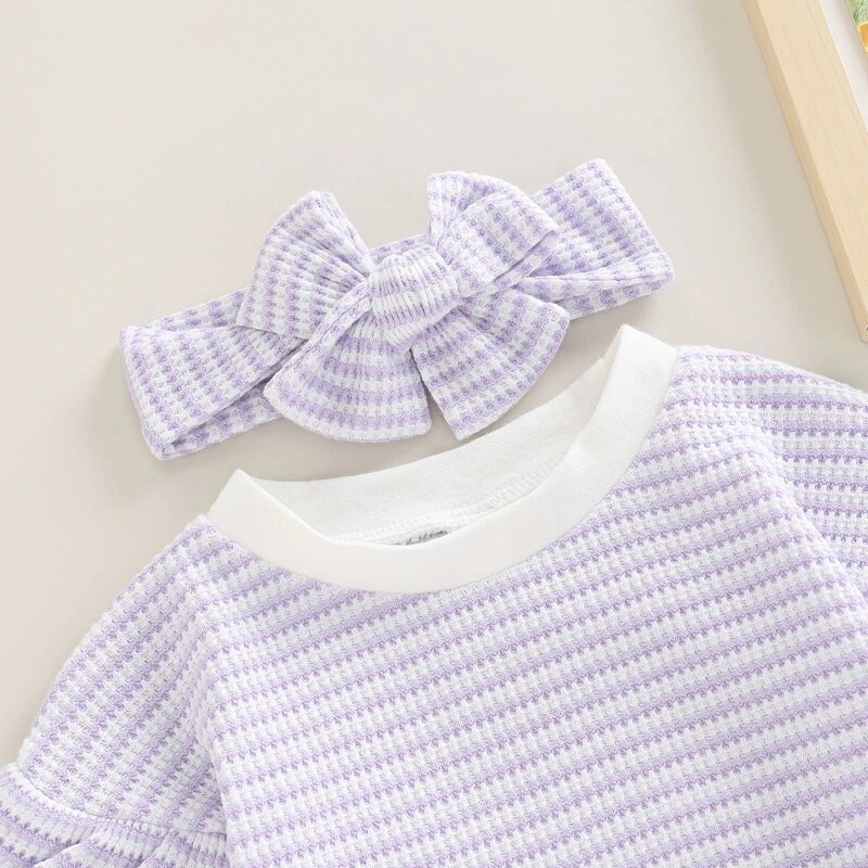 Prekrasan jesenski pulover za novorođenčad za djevojčice Odjeća 3 boje Prugasti print s volanima Pleteni kombinezoni dugih rukava Traka za glavu