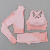 2/3Pcs Ženska garnitura za jogu dugih rukava Odjeća za teretanu s patentnim zatvaračem za vježbanje Fitness Crop Top Bešavne tajice visokog struka Sportsko odijelo