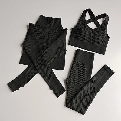 2/3Pcs Ženska garnitura za jogu dugih rukava Odjeća za teretanu s patentnim zatvaračem za vježbanje Fitness Crop Top Bešavne tajice visokog struka Sportsko odijelo