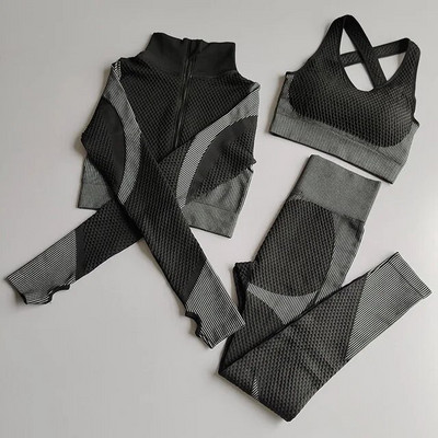 2/3Pcs Ženska garnitura za jogu dugih rukava Odjeća za teretanu s patentnim zatvaračem za vježbanje Fitness Crop Top Bešavne tajice visokog struka Sportsko odijelo