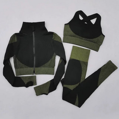 2/3Pcs Ženska garnitura za jogu dugih rukava Odjeća za teretanu s patentnim zatvaračem za vježbanje Fitness Crop Top Bešavne tajice visokog struka Sportsko odijelo