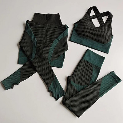 2/3Pcs Ženska garnitura za jogu dugih rukava Odjeća za teretanu s patentnim zatvaračem za vježbanje Fitness Crop Top Bešavne tajice visokog struka Sportsko odijelo