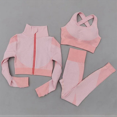 2/3Pcs Ženska garnitura za jogu dugih rukava Odjeća za teretanu s patentnim zatvaračem za vježbanje Fitness Crop Top Bešavne tajice visokog struka Sportsko odijelo