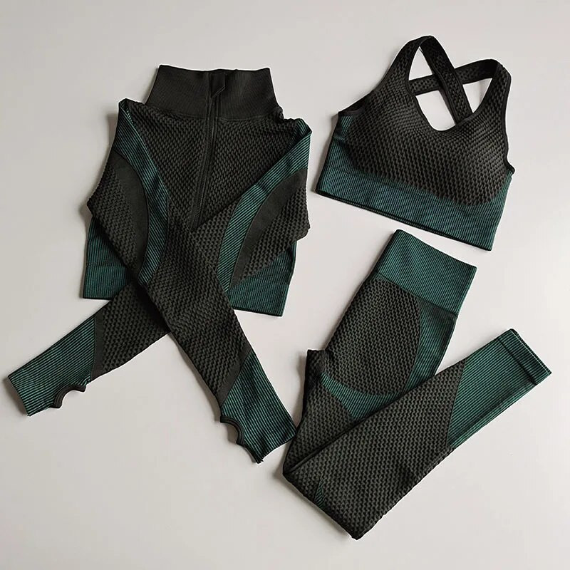 2/3Pcs Ženska garnitura za jogu dugih rukava Odjeća za teretanu s patentnim zatvaračem za vježbanje Fitness Crop Top Bešavne tajice visokog struka Sportsko odijelo