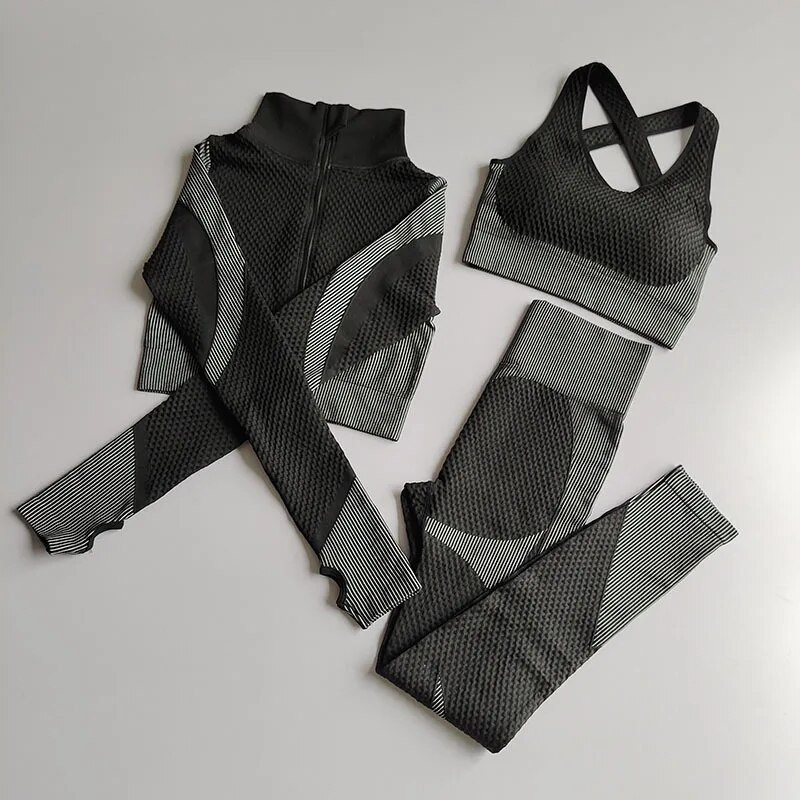 2/3Pcs Ženska garnitura za jogu dugih rukava Odjeća za teretanu s patentnim zatvaračem za vježbanje Fitness Crop Top Bešavne tajice visokog struka Sportsko odijelo