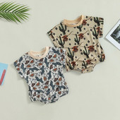 Modes Vasaras Jaundzimušajiem Zēniem Zēniem Meiteņu bikses Apģērbs Liellopu kaktusa apdruka ar īsām piedurknēm brīvi O veida kakla kombinezoni