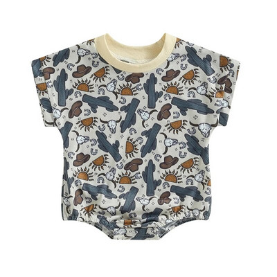 Modes Vasaras Jaundzimušajiem Zēniem Zēniem Meiteņu bikses Apģērbs Liellopu kaktusa apdruka ar īsām piedurknēm brīvi O veida kakla kombinezoni