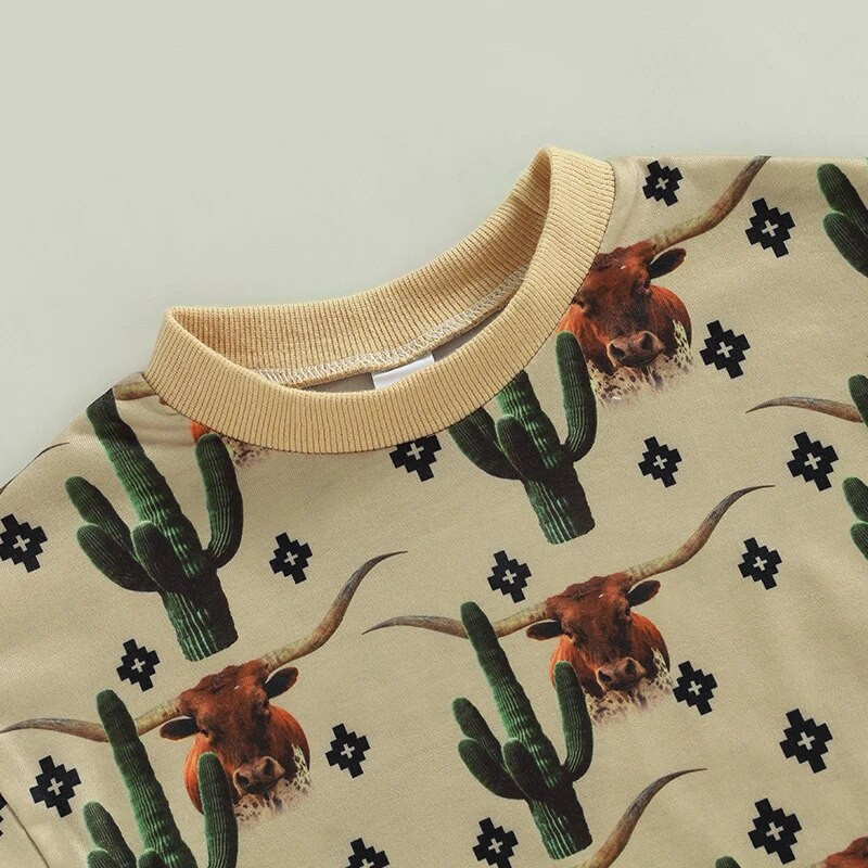 Modes Vasaras Jaundzimušajiem Zēniem Zēniem Meiteņu bikses Apģērbs Liellopu kaktusa apdruka ar īsām piedurknēm brīvi O veida kakla kombinezoni