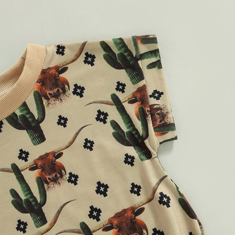 Modes Vasaras Jaundzimušajiem Zēniem Zēniem Meiteņu bikses Apģērbs Liellopu kaktusa apdruka ar īsām piedurknēm brīvi O veida kakla kombinezoni
