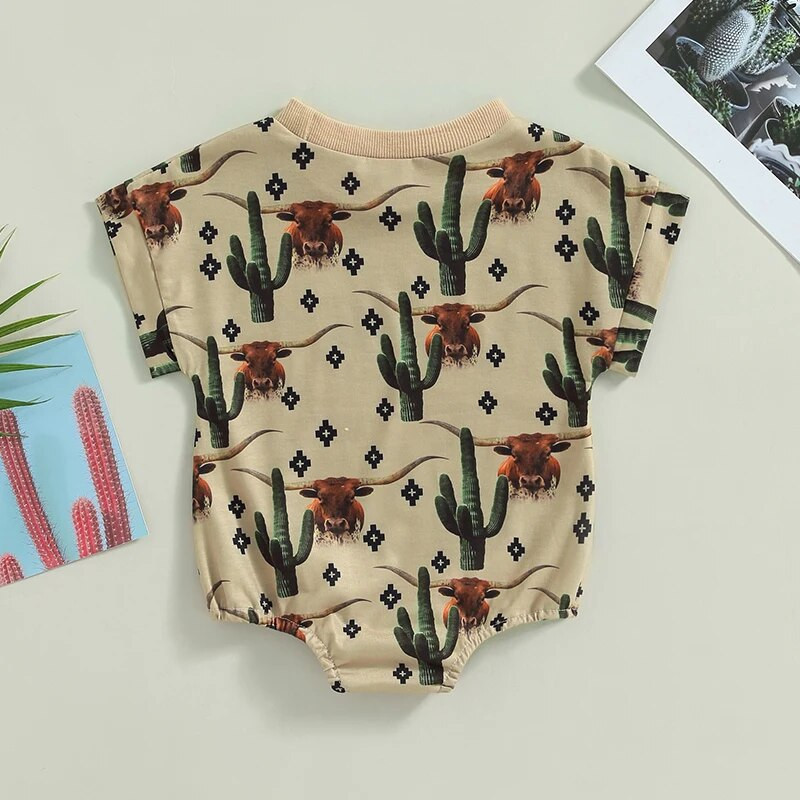Modes Vasaras Jaundzimušajiem Zēniem Zēniem Meiteņu bikses Apģērbs Liellopu kaktusa apdruka ar īsām piedurknēm brīvi O veida kakla kombinezoni