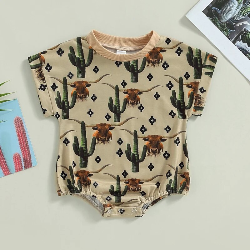 Modes Vasaras Jaundzimušajiem Zēniem Zēniem Meiteņu bikses Apģērbs Liellopu kaktusa apdruka ar īsām piedurknēm brīvi O veida kakla kombinezoni