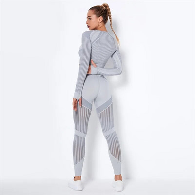 Žensko sportsko odijelo 2-dijelni komplet trenirki za fitness Odjeća za vježbanje u teretani Dugi rukavi Crop Top + tajice visokog struka Kompleti za fitness jogu