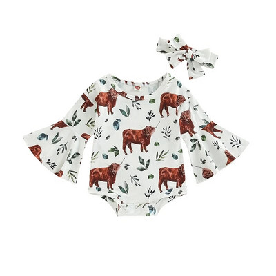 Slatka zapadnjačka odjeća za djevojčice Kombinezon s kravljim uzorkom Boho cvjetni lepršavi bodi dugih rukava Jesenski kombinezon za dojenčad 2023. Novo
