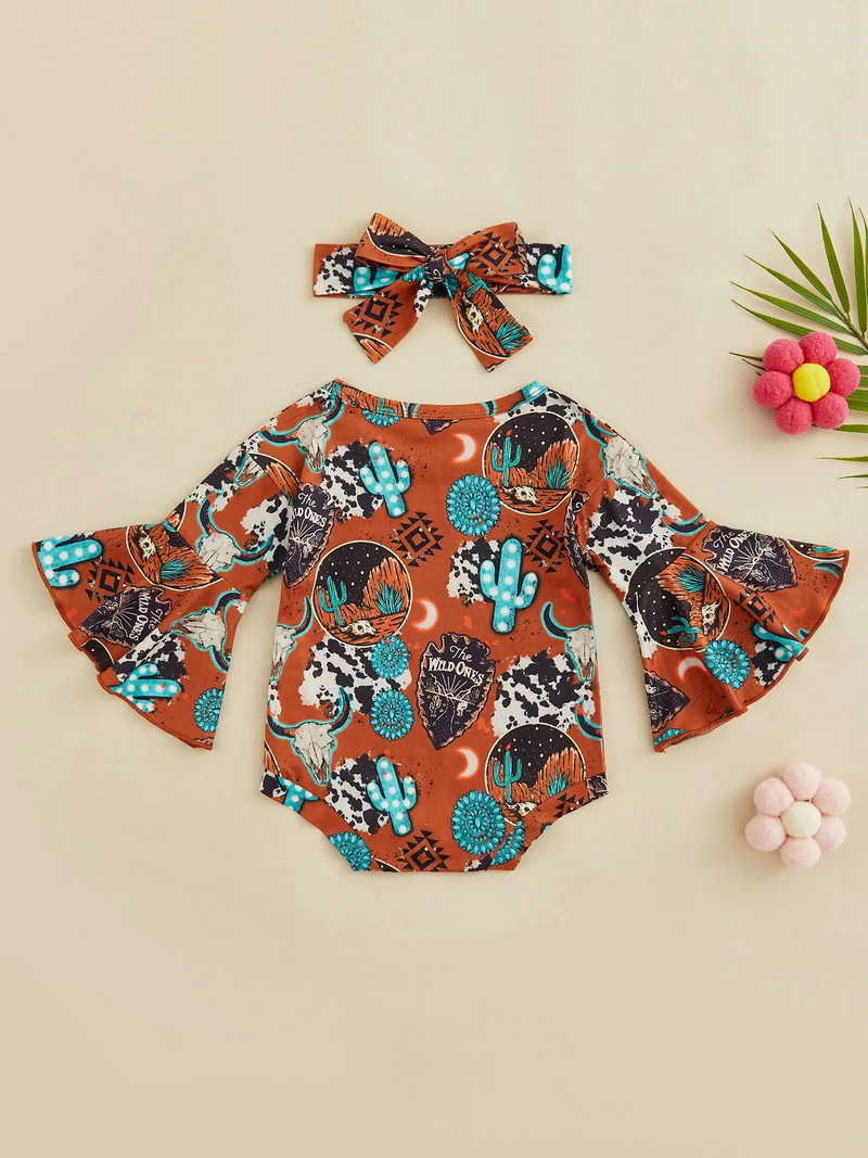 Slatka zapadnjačka odjeća za djevojčice Kombinezon s kravljim uzorkom Boho cvjetni lepršavi bodi dugih rukava Jesenski kombinezon za dojenčad 2023. Novo