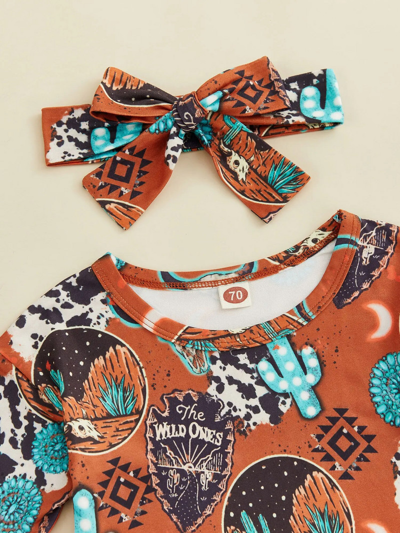 Slatka zapadnjačka odjeća za djevojčice Kombinezon s kravljim uzorkom Boho cvjetni lepršavi bodi dugih rukava Jesenski kombinezon za dojenčad 2023. Novo