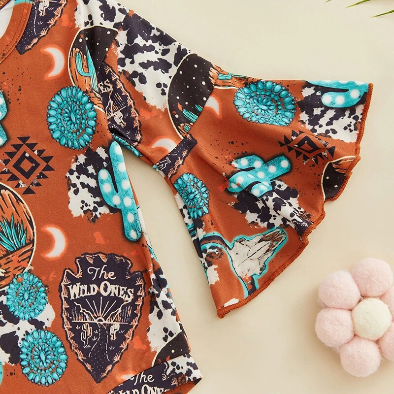 Slatka zapadnjačka odjeća za djevojčice Kombinezon s kravljim uzorkom Boho cvjetni lepršavi bodi dugih rukava Jesenski kombinezon za dojenčad 2023. Novo