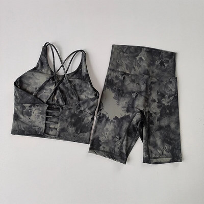 Set de yoga fără sudură, îmbrăcăminte de fitness pentru gimnastică, costum de yoga pentru femei, îmbrăcăminte sportivă, sutien de antrenament pentru femei și pantaloni scurți, costum de antrenament cu vopsea cravată