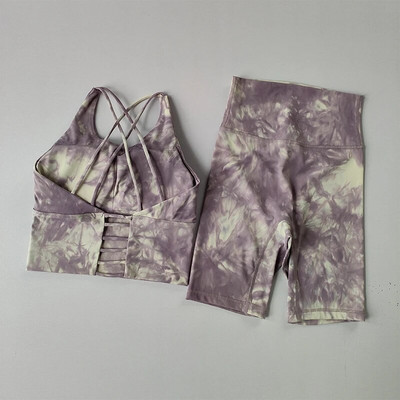 Set de yoga fără sudură, îmbrăcăminte de fitness pentru gimnastică, costum de yoga pentru femei, îmbrăcăminte sportivă, sutien de antrenament pentru femei și pantaloni scurți, costum de antrenament cu vopsea cravată