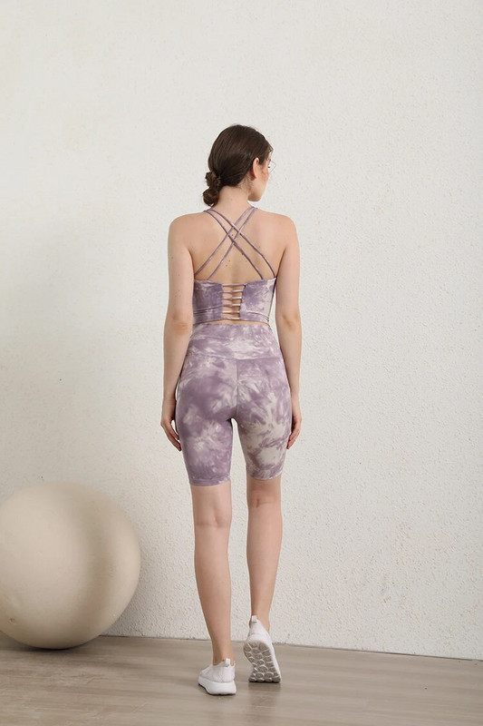 Set de yoga fără sudură, îmbrăcăminte de fitness pentru gimnastică, costum de yoga pentru femei, îmbrăcăminte sportivă, sutien de antrenament pentru femei și pantaloni scurți, costum de antrenament cu vopsea cravată