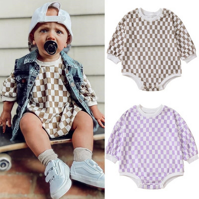 Beebipoistele Tüdrukutele Romper 0-24M Sügisene vastsündinu pikkade varrukatega Plaid Print Pullover Lahtine dressipluusid Romper Jumpsuits Rõivad