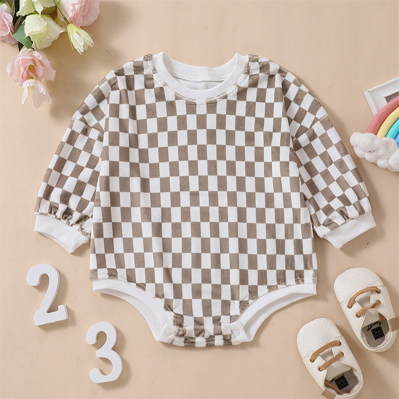 Kisfiúk Lányok Rombik 0-24M Őszi újszülött baba hosszú ujjú kockás mintás pulóver Bő pulóverek Romper Jumpsuits Ruházat