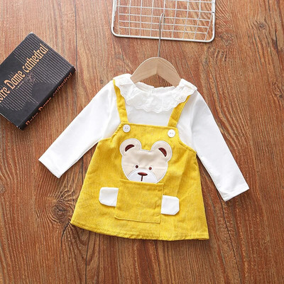 Zīdaiņu zīdaiņu meiteņu kleita multfilma lācis kabata velveta kleita pavasara rudens 1 2 3 gadus veciem bērniem, mazuļiem, bērnu apģērbiem, kleita