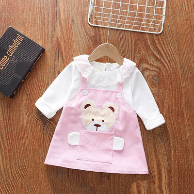 Zīdaiņu zīdaiņu meiteņu kleita multfilma lācis kabata velveta kleita pavasara rudens 1 2 3 gadus veciem bērniem, mazuļiem, bērnu apģērbiem, kleita