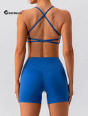 CHRLEISURE 2PCS Sportski grudnjak s križnim naborima za jogu s brzim sušenjem biciklističkih hlačica Naked Feeling Fitness set za žensku sportsku odjeću