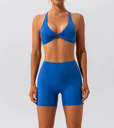 CHRLEISURE 2PCS Sportski grudnjak s križnim naborima za jogu s brzim sušenjem biciklističkih hlačica Naked Feeling Fitness set za žensku sportsku odjeću