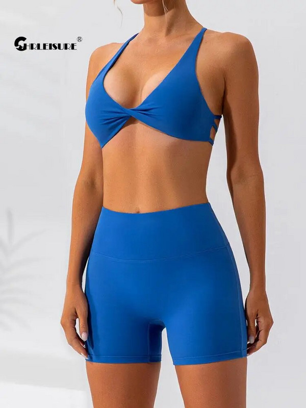 CHRLEISURE 2PCS Sportski grudnjak s križnim naborima za jogu s brzim sušenjem biciklističkih hlačica Naked Feeling Fitness set za žensku sportsku odjeću