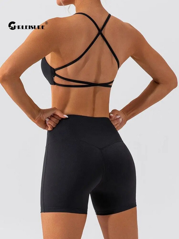 CHRLEISURE 2PCS Sportski grudnjak s križnim naborima za jogu s brzim sušenjem biciklističkih hlačica Naked Feeling Fitness set za žensku sportsku odjeću
