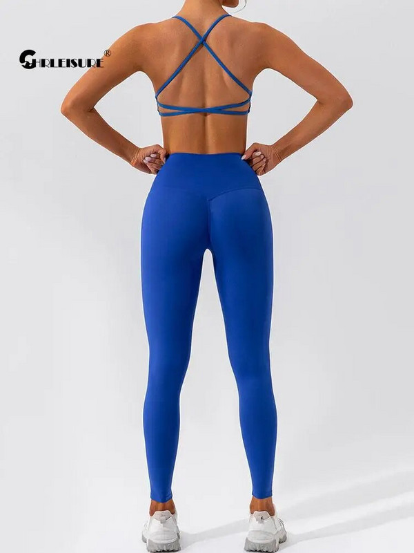 CHRLEISURE 2PCS Sportski grudnjak s križnim naborima za jogu s brzim sušenjem biciklističkih hlačica Naked Feeling Fitness set za žensku sportsku odjeću