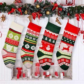 Коледни плетени коледни чорапи с геометрична дантела, чанта за бонбони за семеен селски празник на закрито