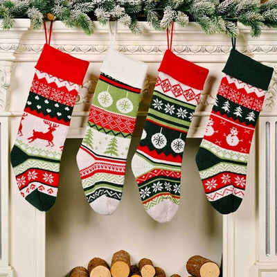 Коледни плетени коледни чорапи с геометрична дантела, чанта за бонбони за семеен селски празник на закрито