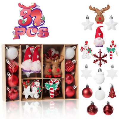 32 ks/krabica vianočných guľôčok, hračiek, ozdôb na vianočný stromček, závesných príveskov, vianočných dekorácií do domácnosti, novoročný darček Noel Navidad 2024