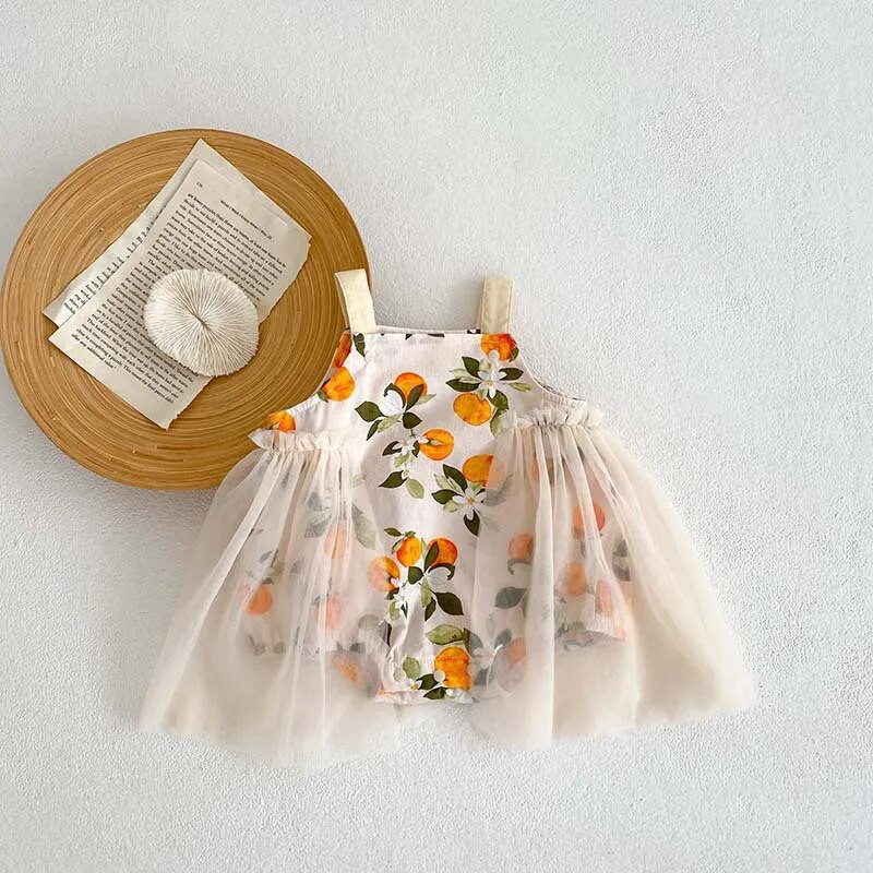 2023. gada vasaras meiteņu rombiņas, princeses bez piedurknēm, tīklveida puķu tērps 3–24 mēnešu mazuļiem