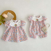 Ljeto 2023., nove dječje kombinezone za djevojčice, pamučno odijelo kratkih rukava s cvjetnim uzorkom, 0-2 godine, haljina princeze u korejskom stilu za malu djecu