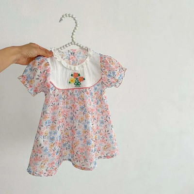 Ljeto 2023., nove dječje kombinezone za djevojčice, pamučno odijelo kratkih rukava s cvjetnim uzorkom, 0-2 godine, haljina princeze u korejskom stilu za malu djecu