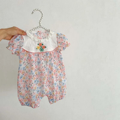 Ljeto 2023., nove dječje kombinezone za djevojčice, pamučno odijelo kratkih rukava s cvjetnim uzorkom, 0-2 godine, haljina princeze u korejskom stilu za malu djecu