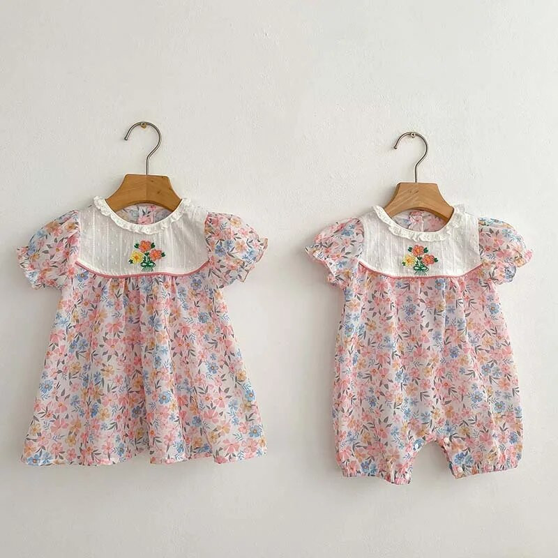 Ljeto 2023., nove dječje kombinezone za djevojčice, pamučno odijelo kratkih rukava s cvjetnim uzorkom, 0-2 godine, haljina princeze u korejskom stilu za malu djecu