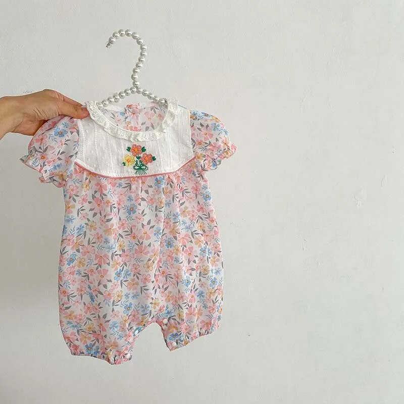 Ljeto 2023., nove dječje kombinezone za djevojčice, pamučno odijelo kratkih rukava s cvjetnim uzorkom, 0-2 godine, haljina princeze u korejskom stilu za malu djecu