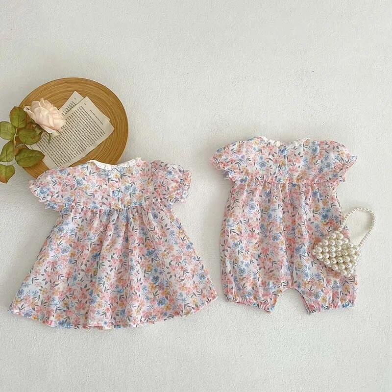 Ljeto 2023., nove dječje kombinezone za djevojčice, pamučno odijelo kratkih rukava s cvjetnim uzorkom, 0-2 godine, haljina princeze u korejskom stilu za malu djecu