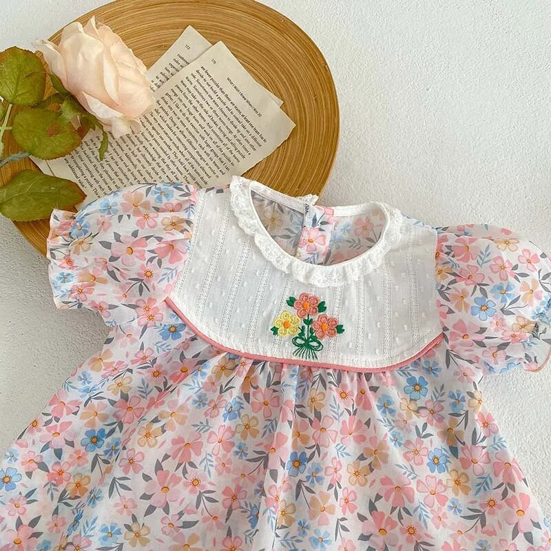 Ljeto 2023., nove dječje kombinezone za djevojčice, pamučno odijelo kratkih rukava s cvjetnim uzorkom, 0-2 godine, haljina princeze u korejskom stilu za malu djecu