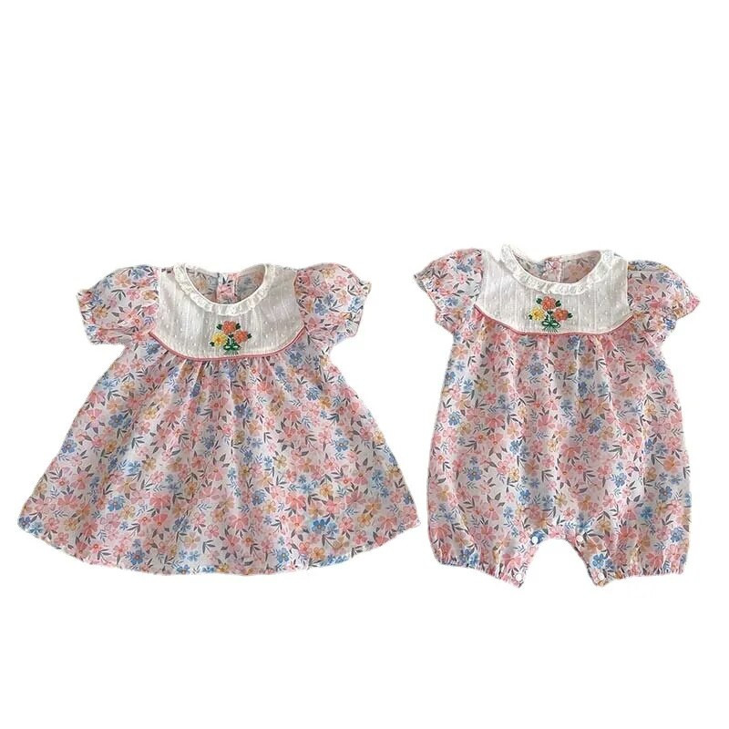 Ljeto 2023., nove dječje kombinezone za djevojčice, pamučno odijelo kratkih rukava s cvjetnim uzorkom, 0-2 godine, haljina princeze u korejskom stilu za malu djecu
